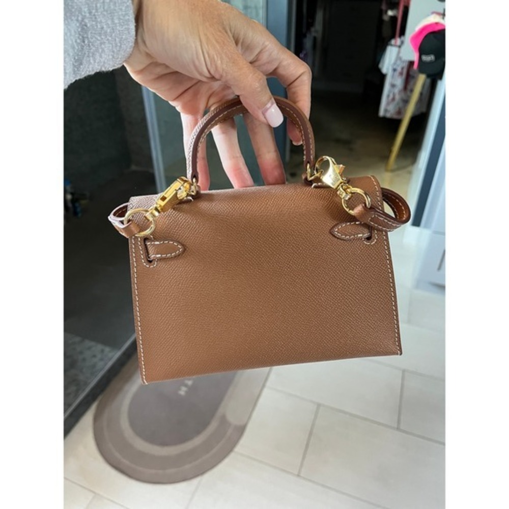 Brown Genuine Leather Mini Top Handle Crossbody Bag Gold Hardware Classic Chic - Picture 4 of 12